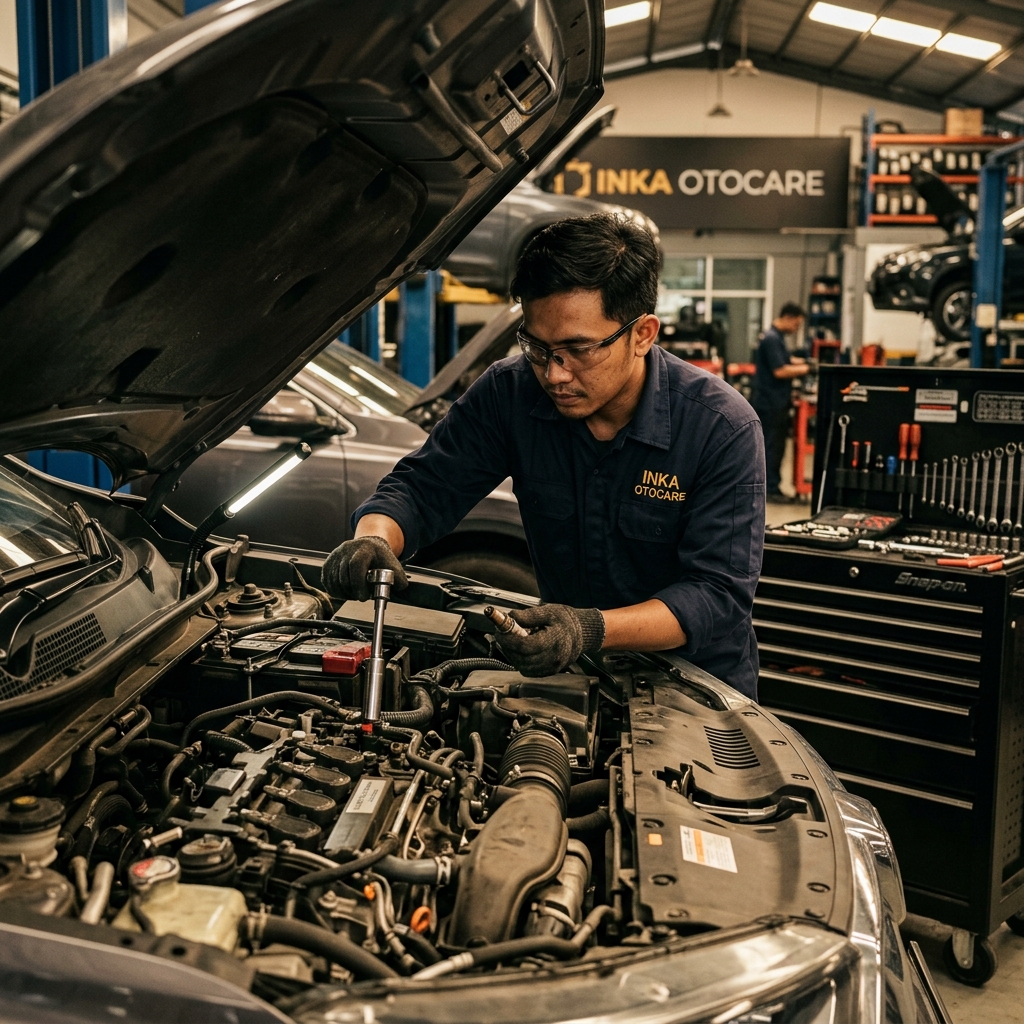 Montir sedang tune up mesin mobil